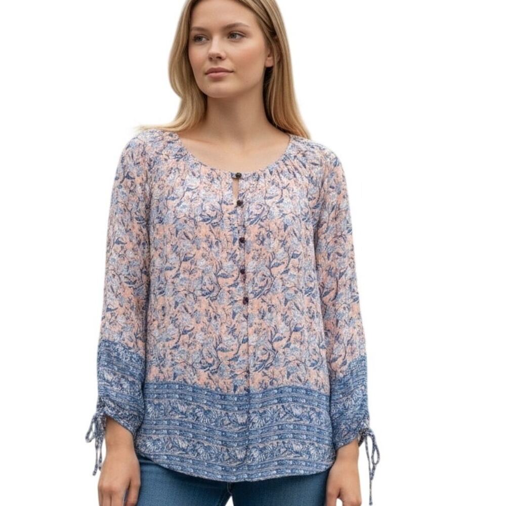 Lucky Brand Floral Border Top Womens Medium Pink & Blue Boho Peasant Cottagecore